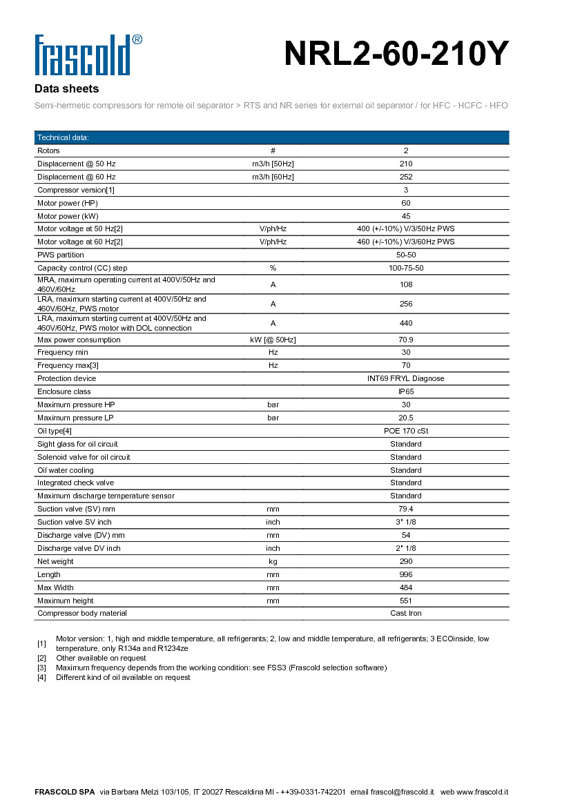 Технические характеристики и размеры винтового компрессора Frascold NRL2-60-210Y