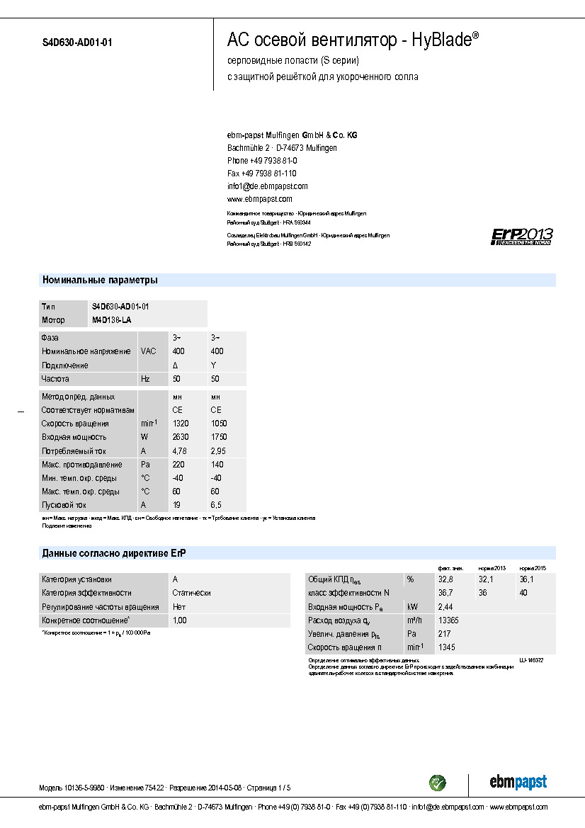 Технические характеристики и размеры осевого вентилятора EBM-Papst S4D630-AD01-01 (HyBlade)
