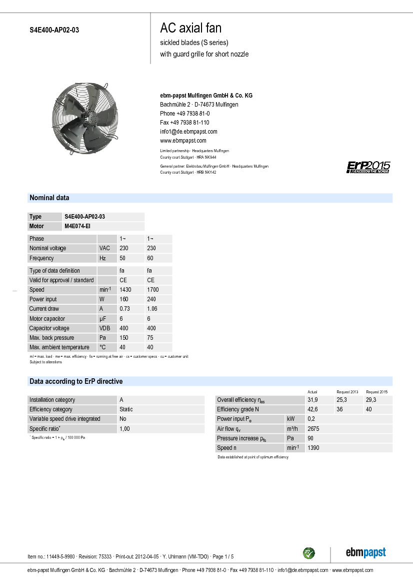 Технические характеристики и размеры осевого вентилятора EBM-Papst S4E400-AP02-03