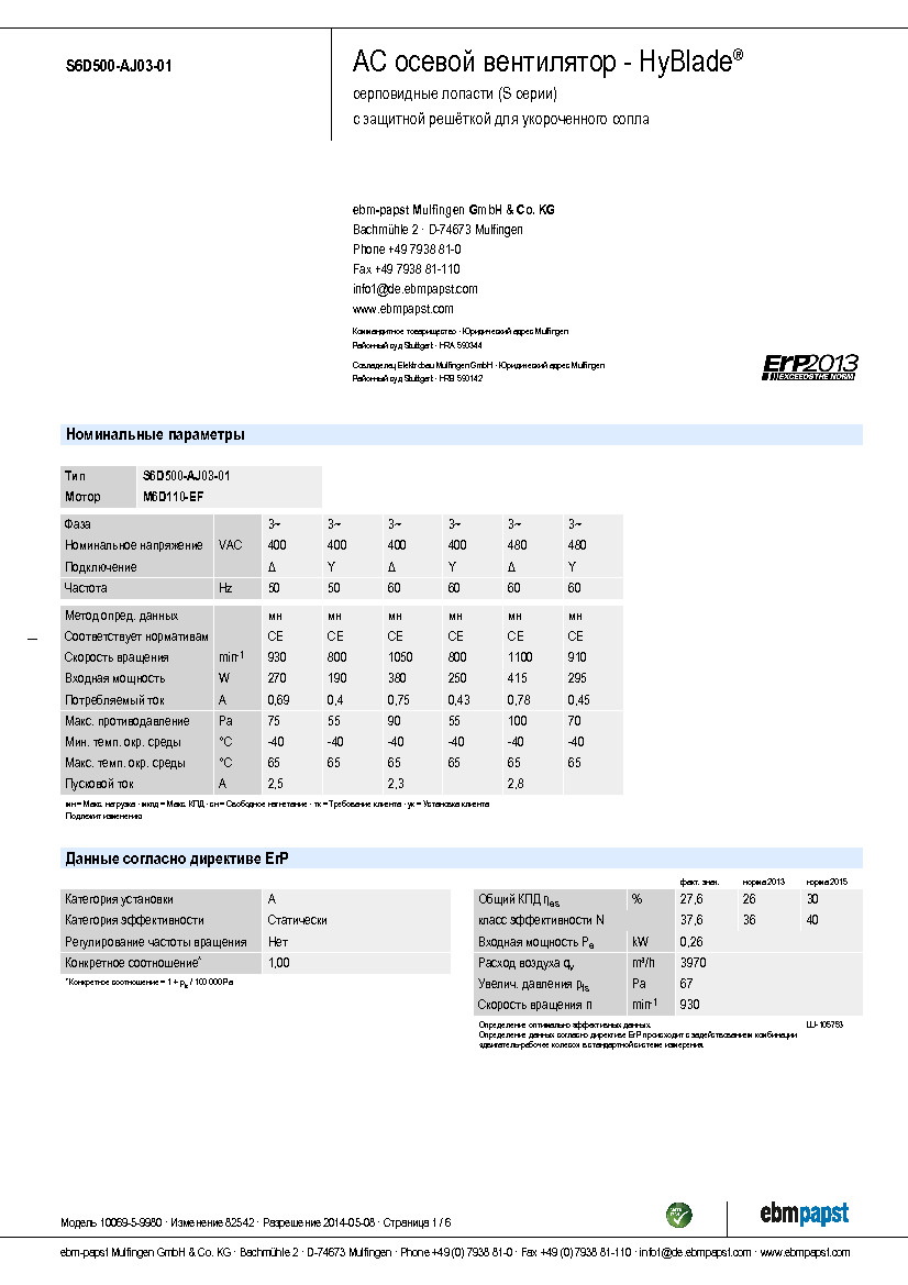 Технические характеристики и размеры осевого вентилятора EBM-Papst S6D500-AJ03-01 (HyBlade)