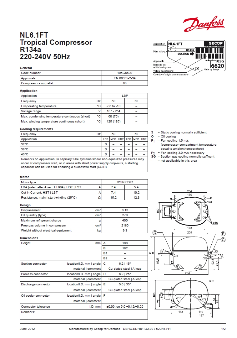 Технические характеристики и размеры герметичного поршневого компрессора Danfoss (Secop) NL6.1FT