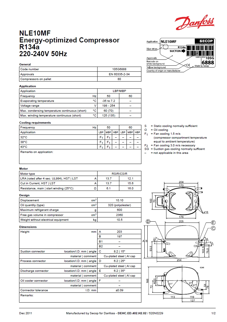 Технические характеристики и размеры герметичного поршневого компрессора Danfoss (Secop) NLE10MF