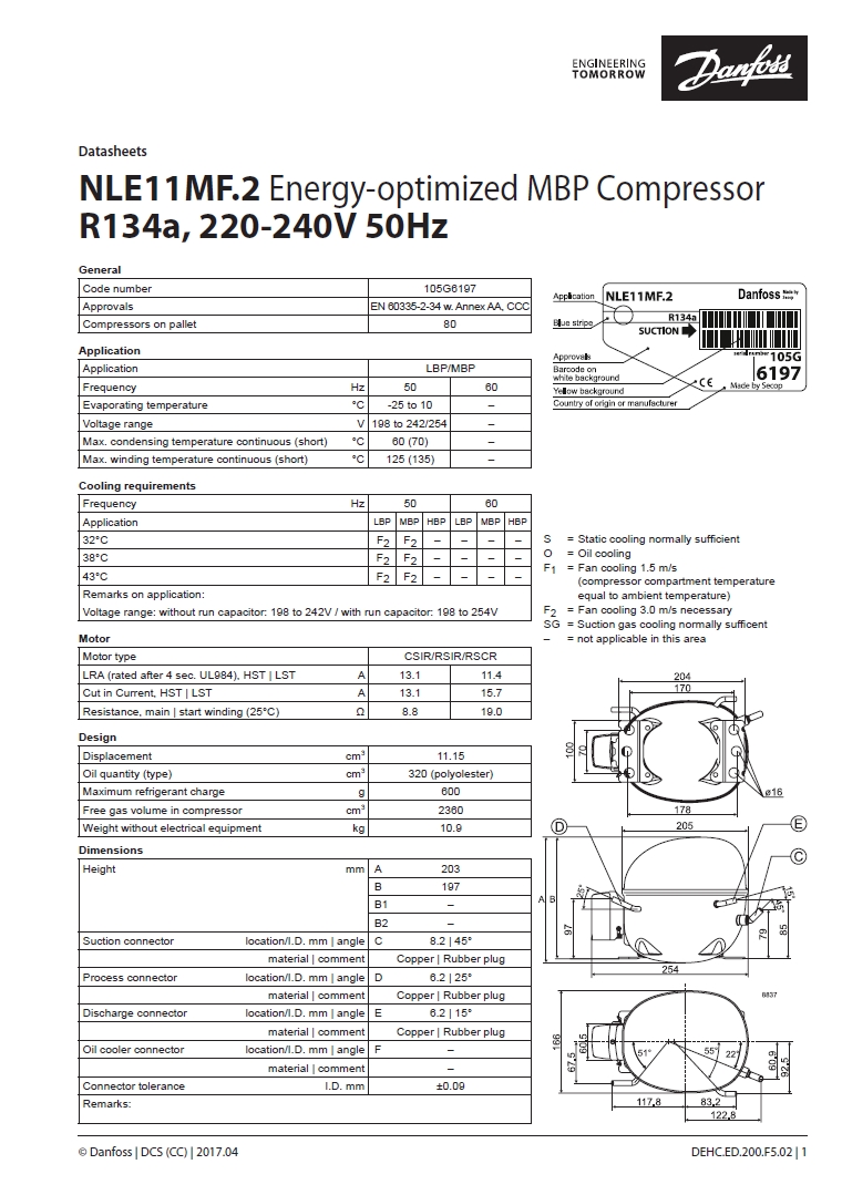 Технические характеристики и размеры герметичного поршневого компрессора Danfoss (Secop) NLE11MF.2