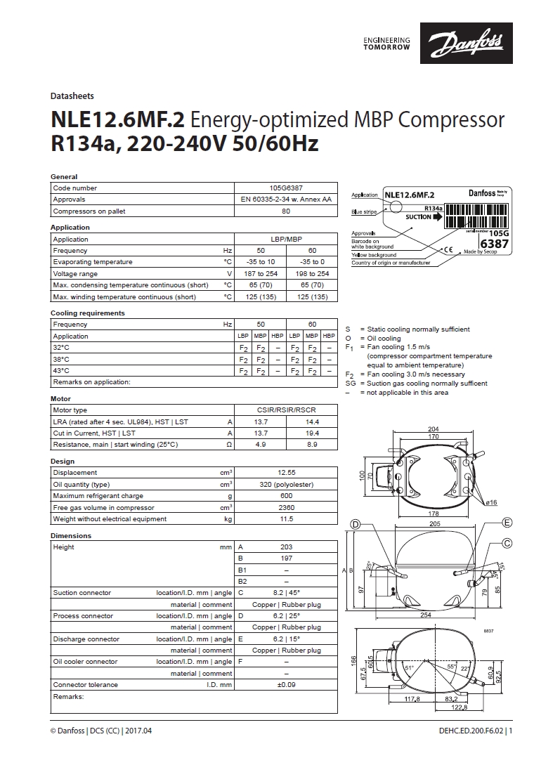 Технические характеристики и размеры герметичного поршневого компрессора Danfoss (Secop) NLE12.6MF.2