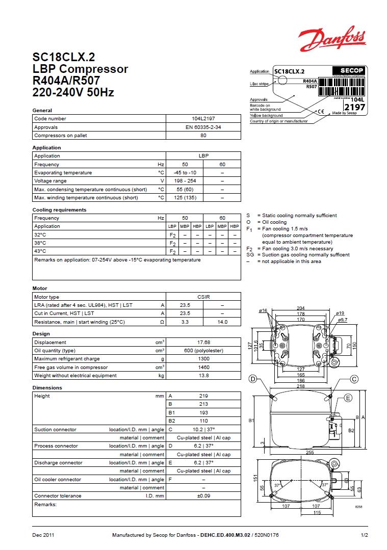 Технические характеристики и размеры герметичного поршневого компрессора Danfoss (Secop) SC18CLX.2