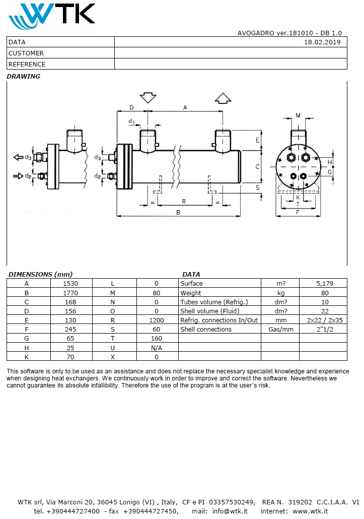 Технические характеристики и размеры кожухотрубного теплообменника WTK DCE 103 - 4P