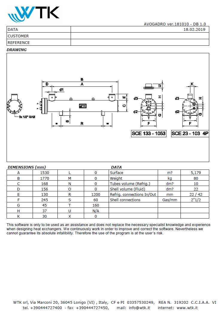 Технические характеристики и размеры кожухотрубного теплообменника WTK SCE 103
