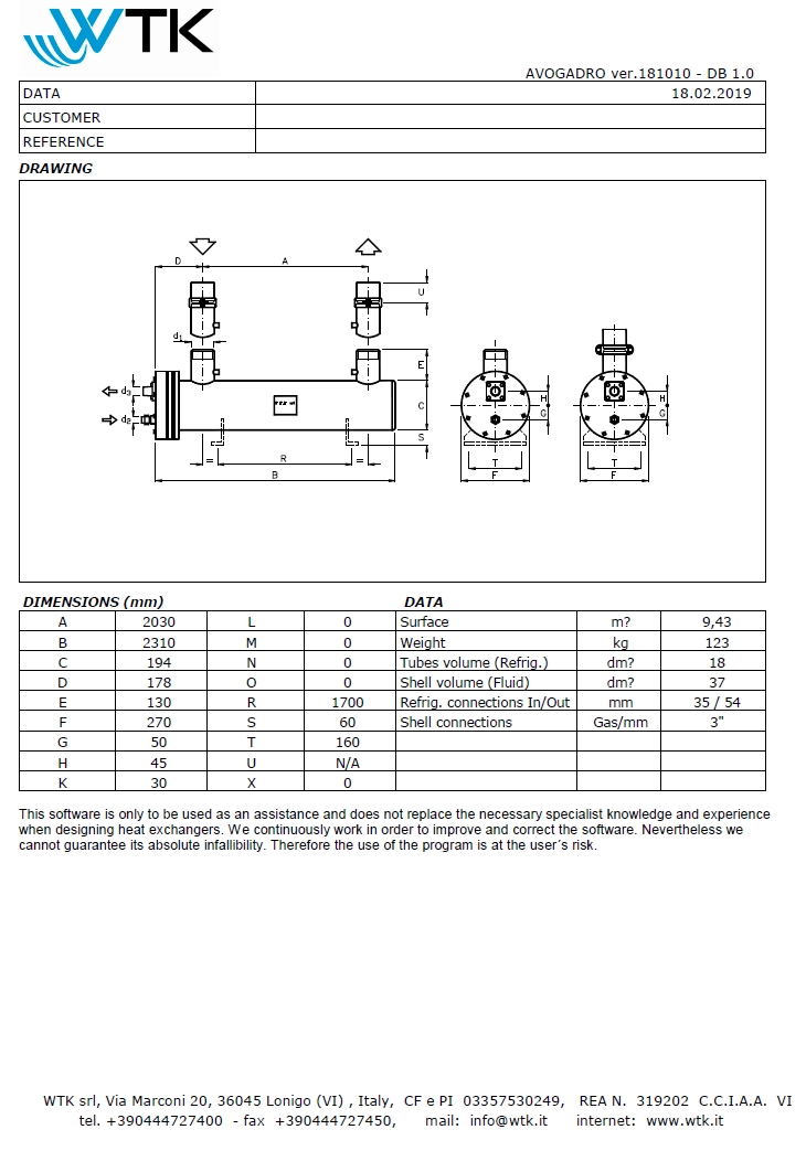Технические характеристики и размеры кожухотрубного теплообменника WTK SCE 163
