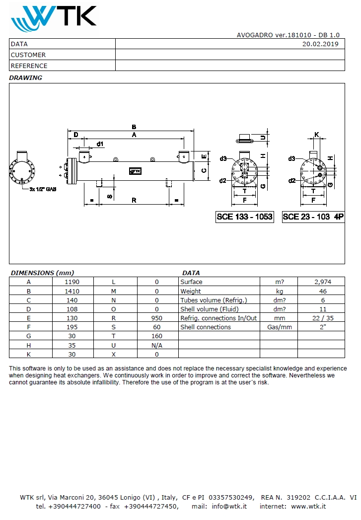 Технические характеристики и размеры кожухотрубного теплообменника WTK SCE 53