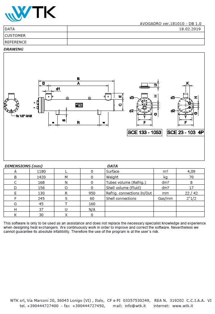 Технические характеристики и размеры кожухотрубного теплообменника WTK SCE 73